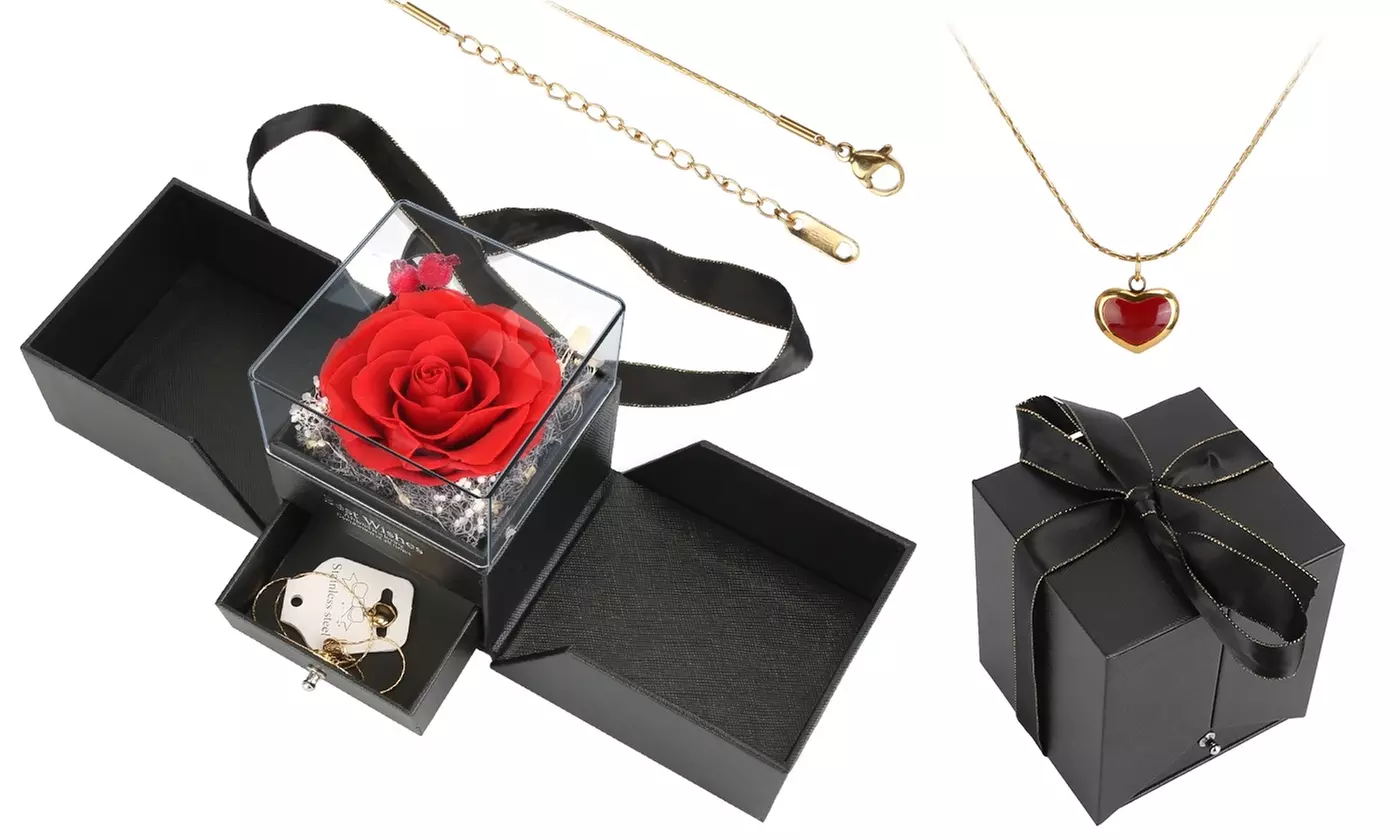 Laromni Preserved Red Rose Box with Heart Necklace - Valentines Day Gift
