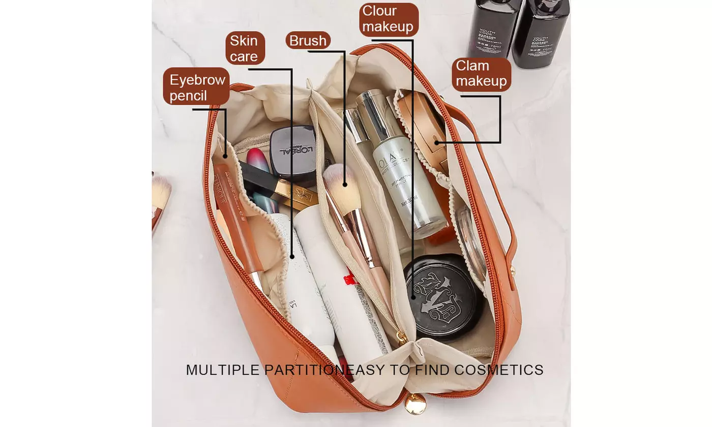 PU Leather Travel Wide-Open Toiletry Bag Makeup Large Capacity Organizer