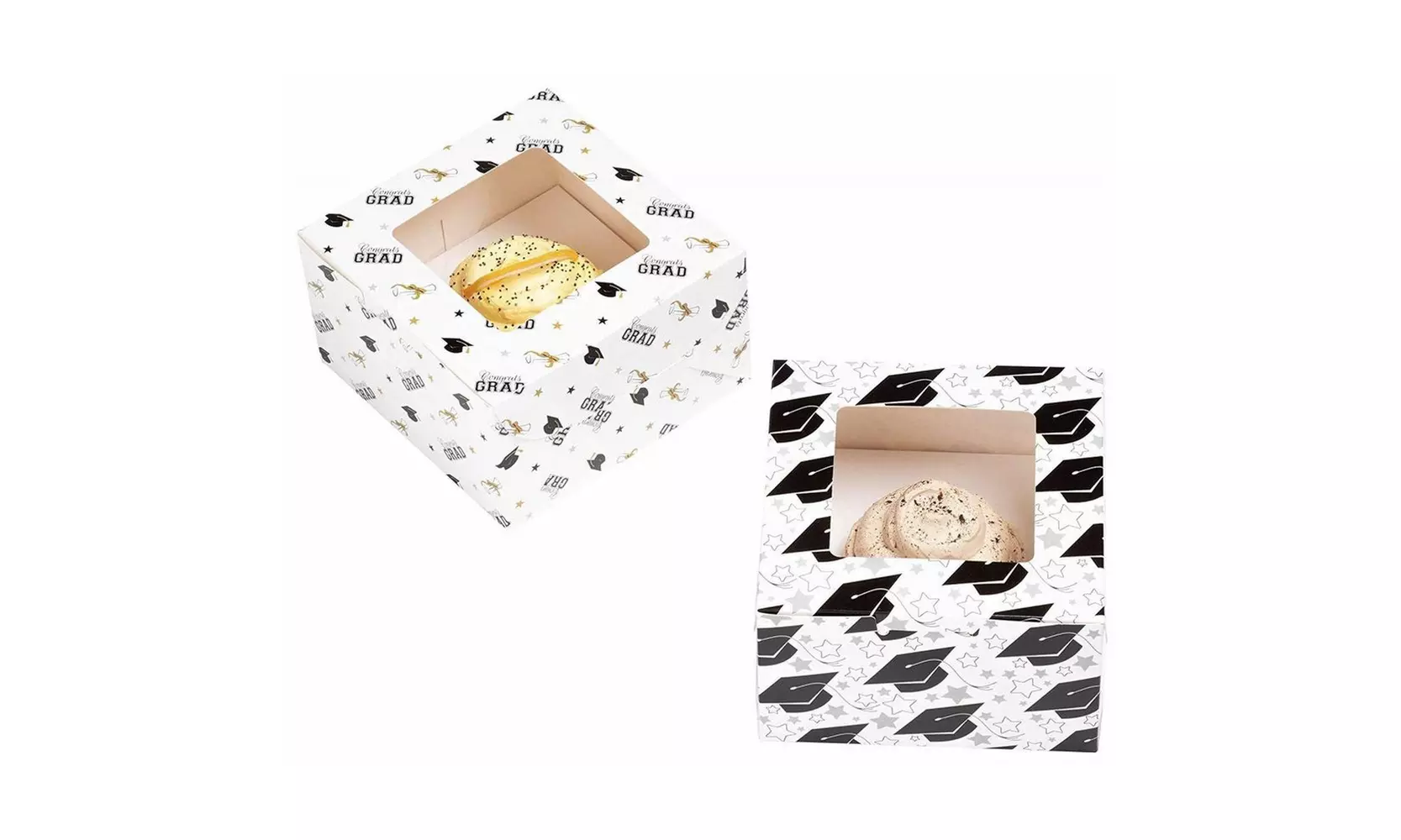 24-Pack Graduation Themed Individual Cupcake Bakery Boxes with Window, 2 Designs - Primary Image