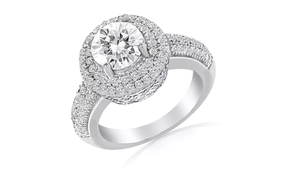 Lesa Michele Cubic Zirconia Round Halo Engagement Ring in Sterling Silver - Primary Image