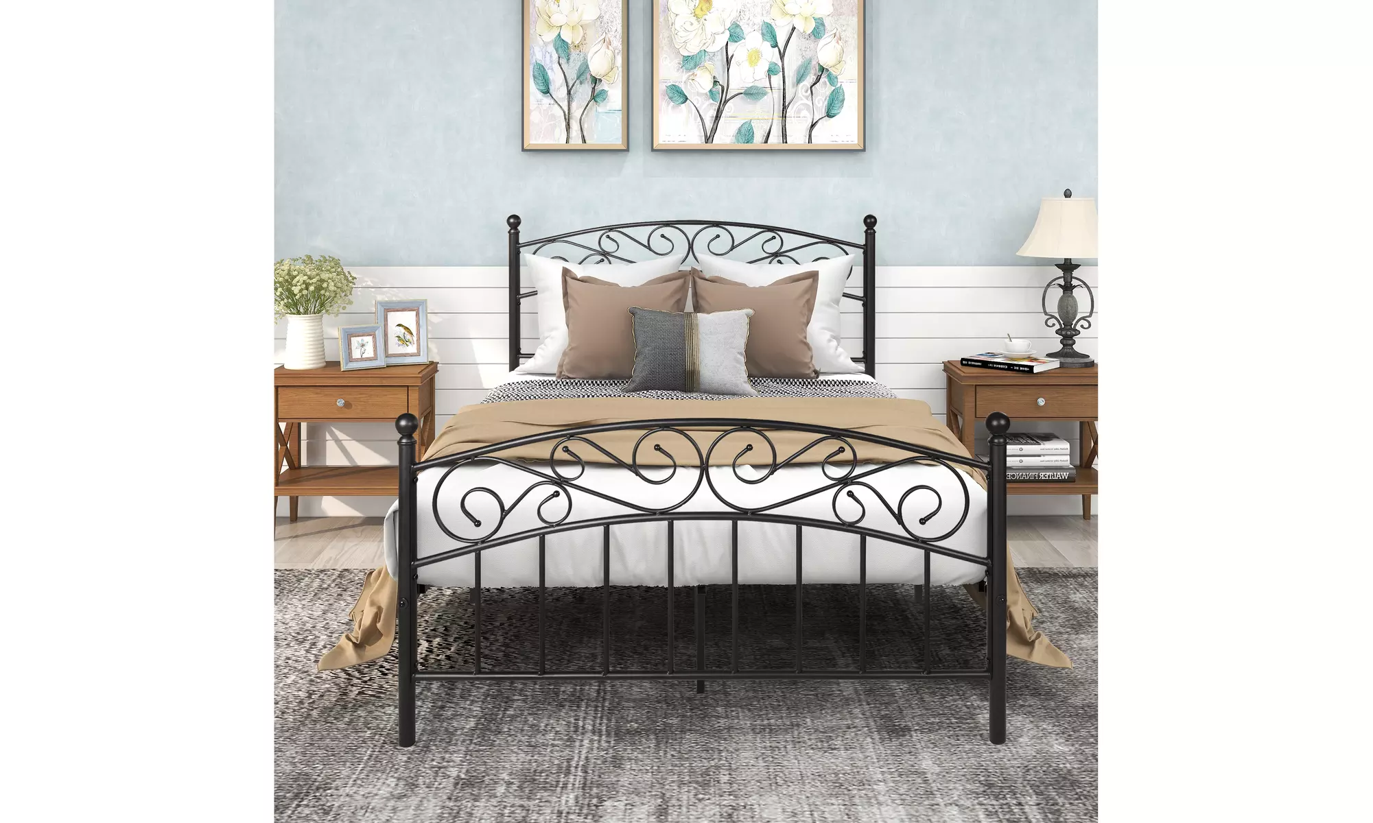 Metal bed frame platform mattress foundation with headboard and footrest - Primary Image