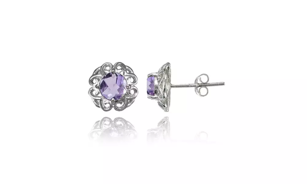 Sterling Silver Amethyst Round Filigree Stud Earrings