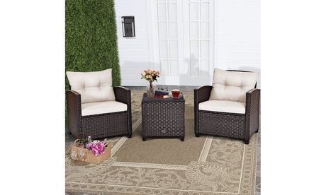 3PCS Patio Rattan Furniture Set Cushioned Sofa Coffee Table Garden