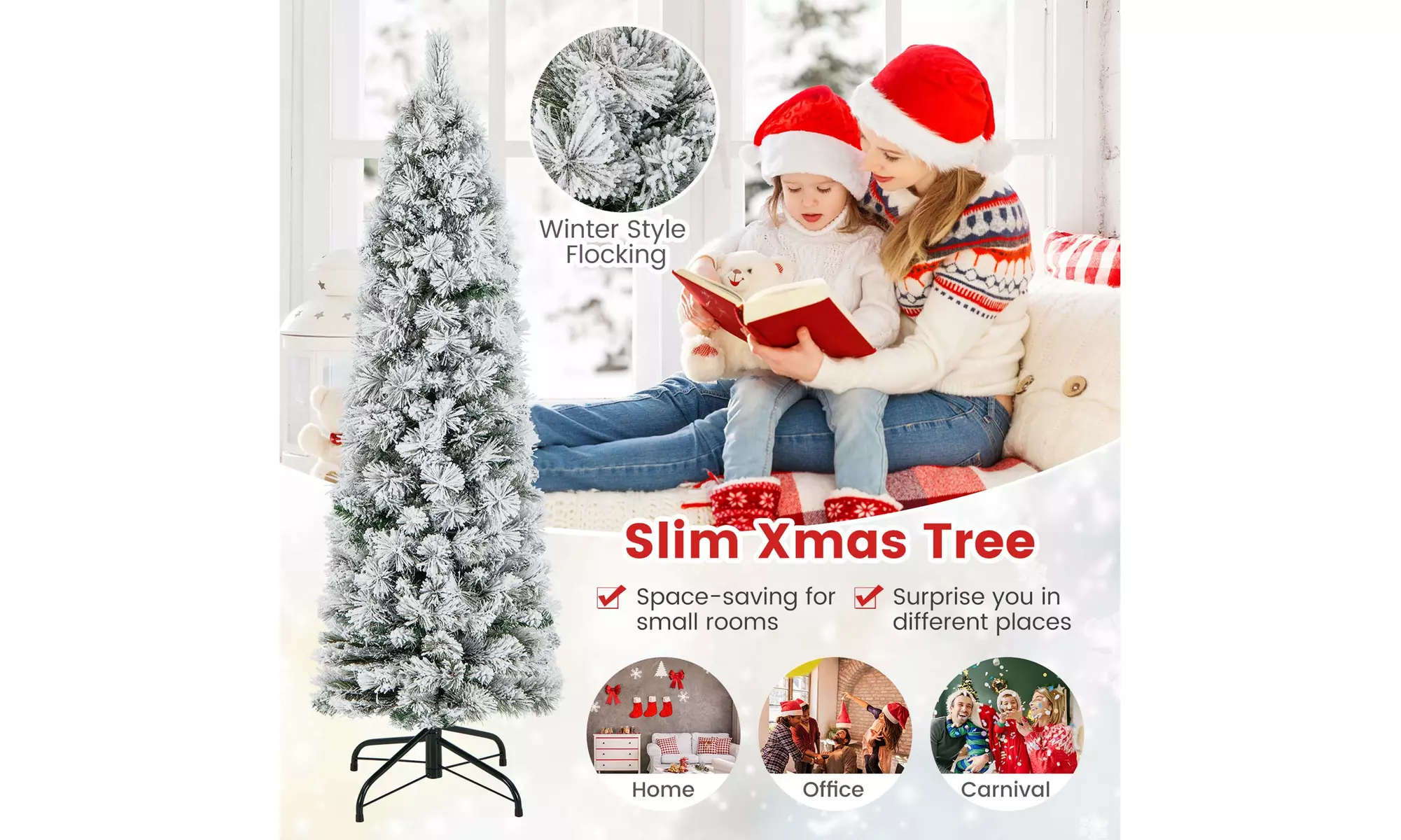 Costway 4.5/6/7 FT Pre-Lit Slim Christmas Tree Flocked w/ Pine Needles & Lights