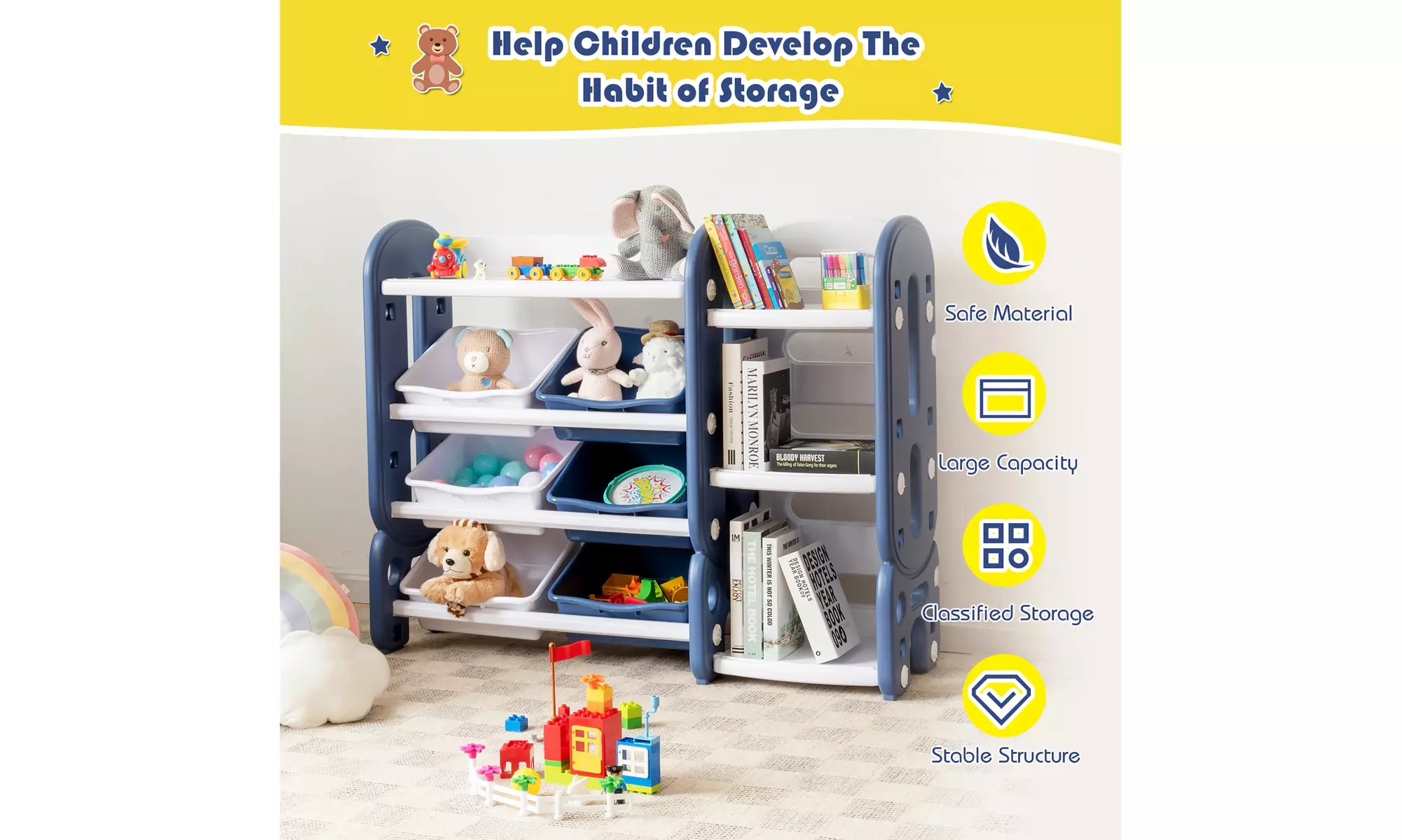 Costway Kids Toy Storage Organizer w/Bins & Multi-Layer Shelf for Playroom