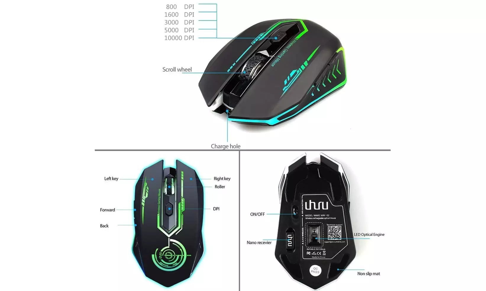 Uhuru VM-02 Wireless Gaming Rechargeable Mouse Up to 10000 DPI (Black) - New