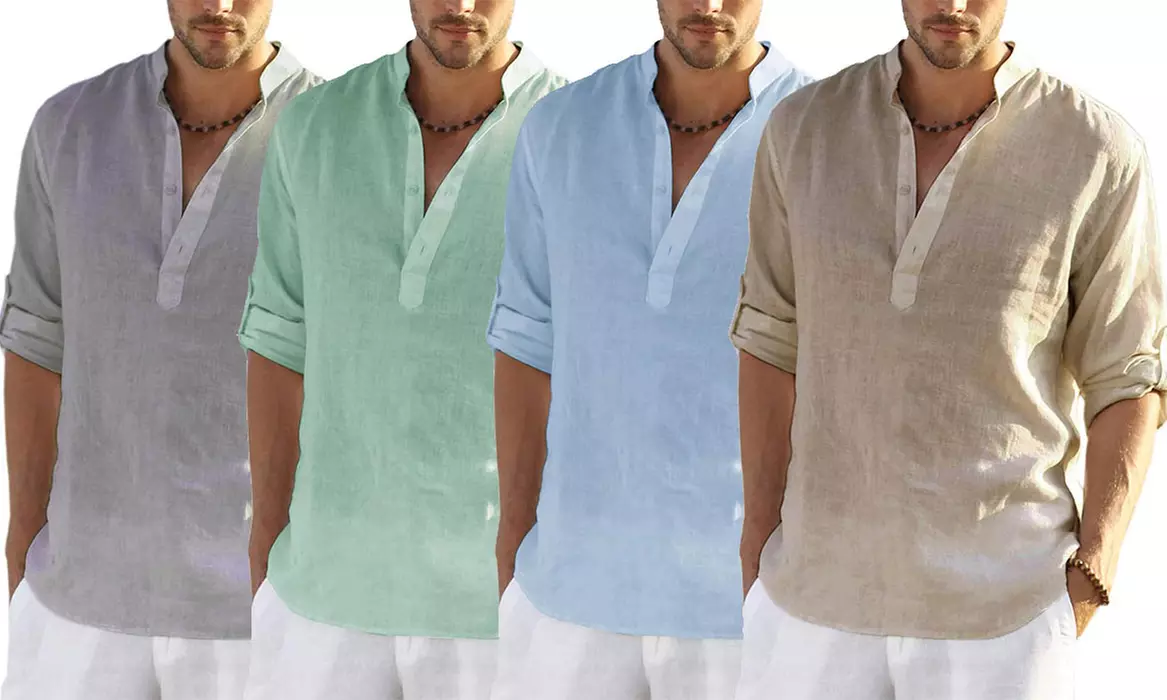 Men Cotton Linen Henley Shirt Long Sleeve Hippie Casual Beach T Shirts - Primary Image
