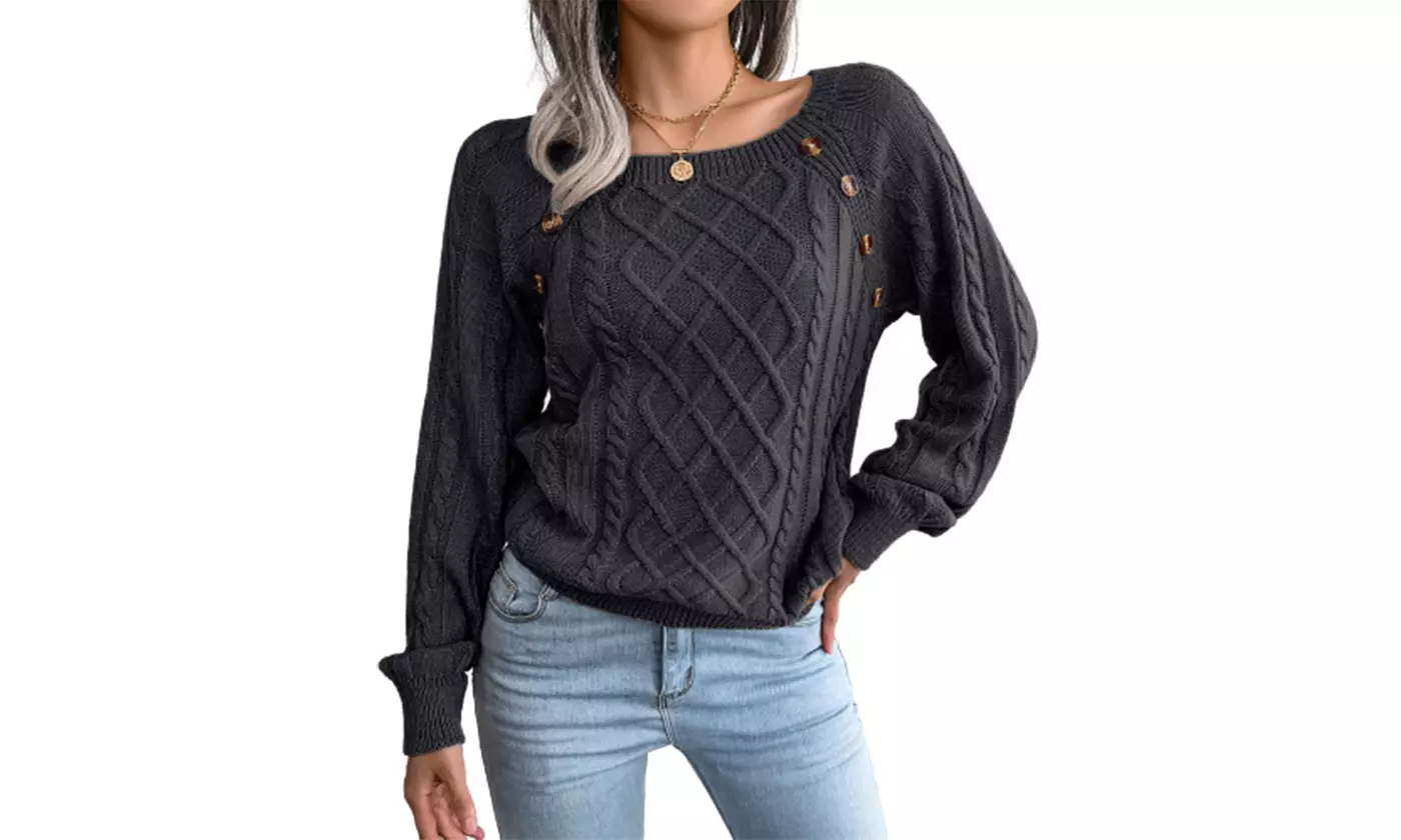 Women's Bishop Sleeve Sweater Button Decor Solid Color Pullover Jumper Tops