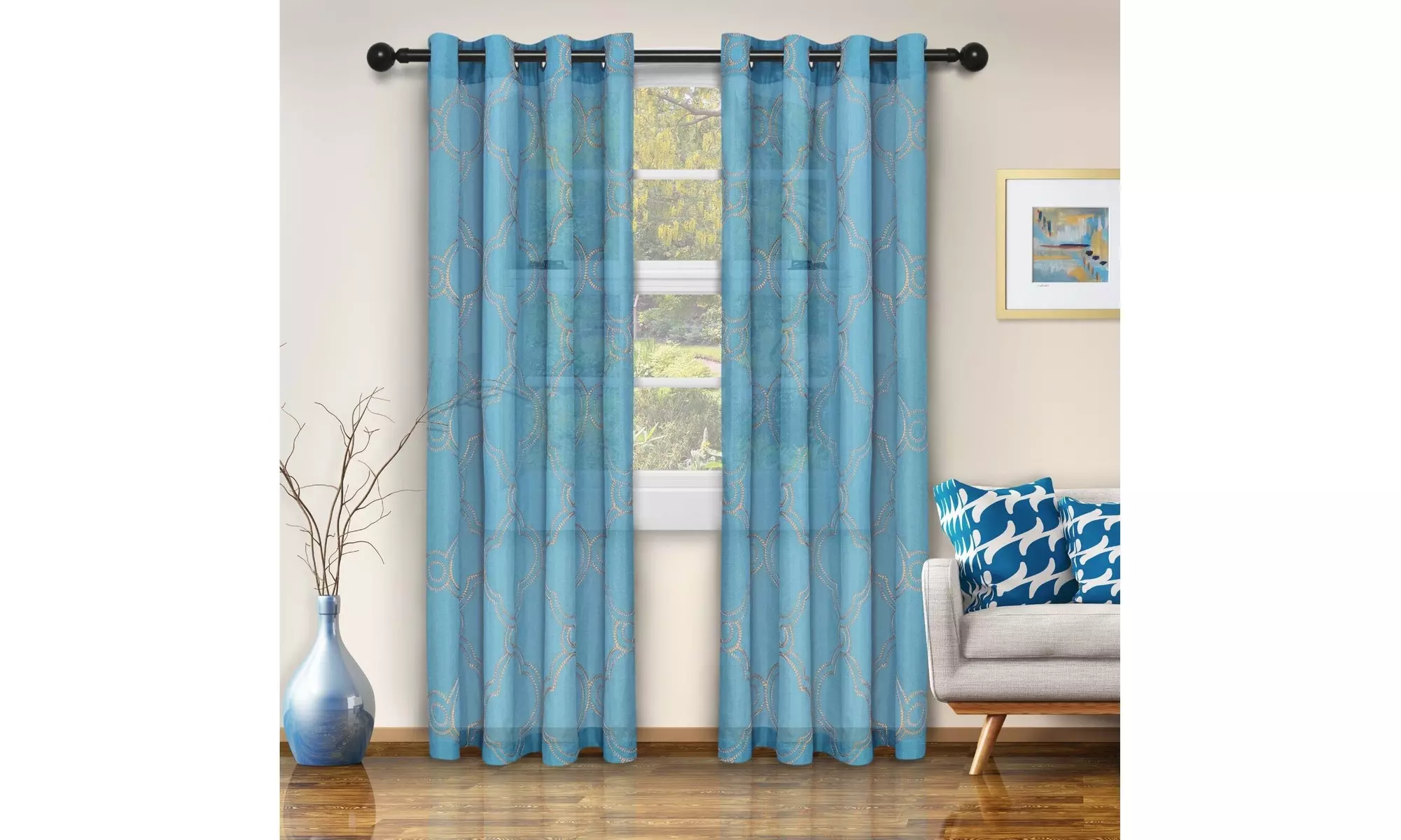 Superior Moroccan Trellis Embroidered Grommet Sheer Window Curtain & Panel Set - Primary Image