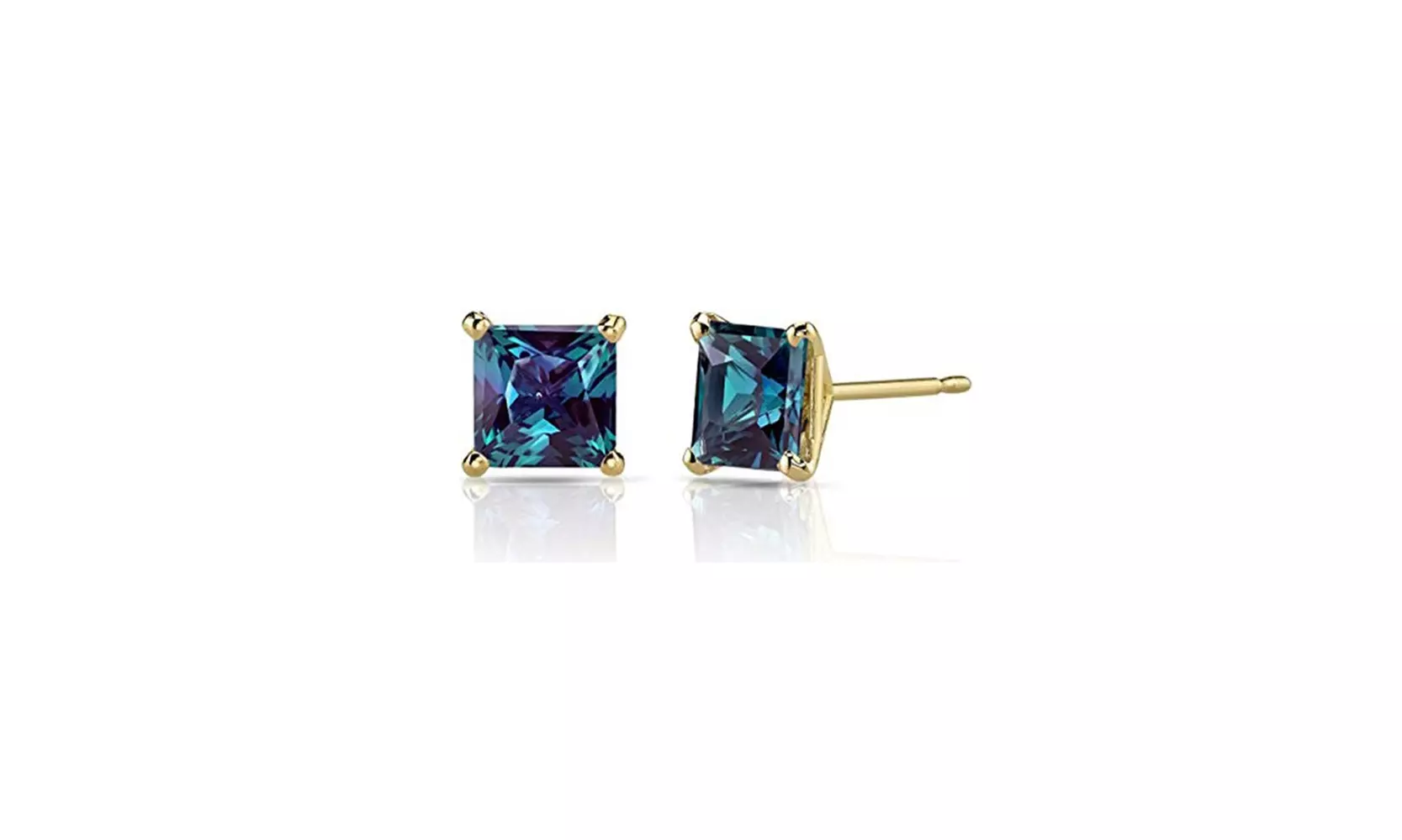 24k Yellow Gold Plated 2 Cttw Princess Alexandrite Stud Earrings.