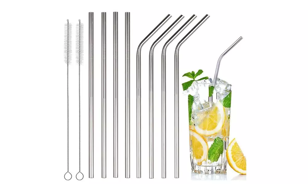 Stainless Steel Drinking Straws, Bent or Straight, with Brush (4 or 8-Pack) - Primary Image