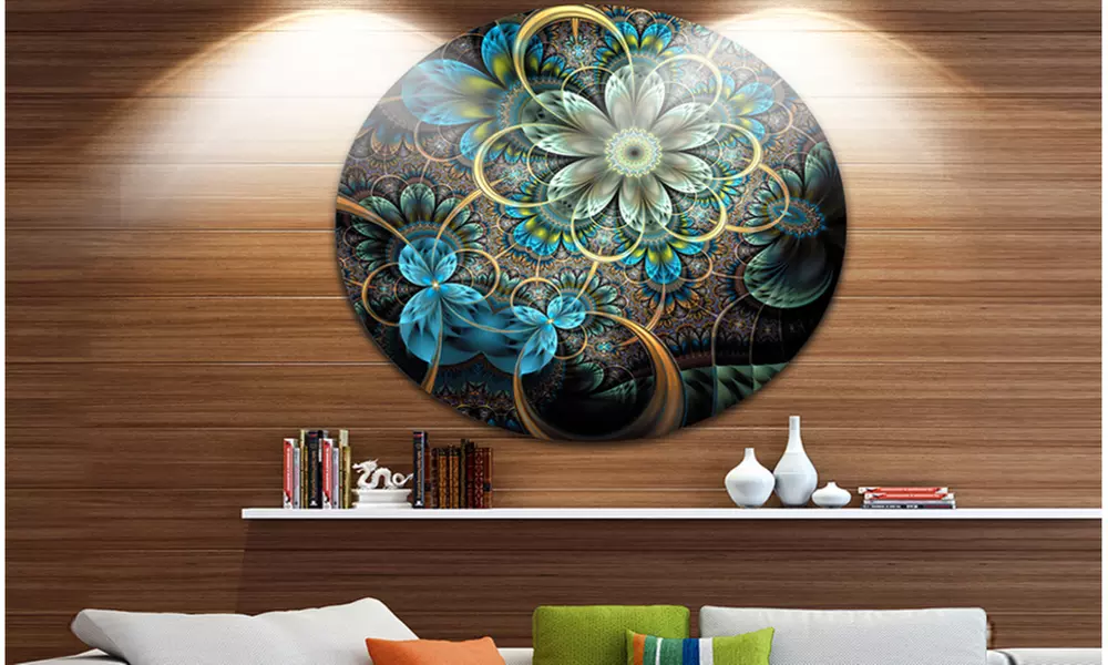 Lighted Blue Fractal Blue Flowers' Disc Floral Circle Metal Wall Art - Primary Image