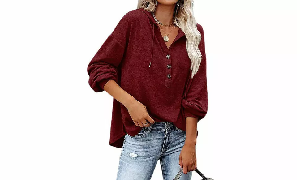 Women Drawstring V Neck Long Sleeve Henley Shirts Button Hoodies Tunic Tops