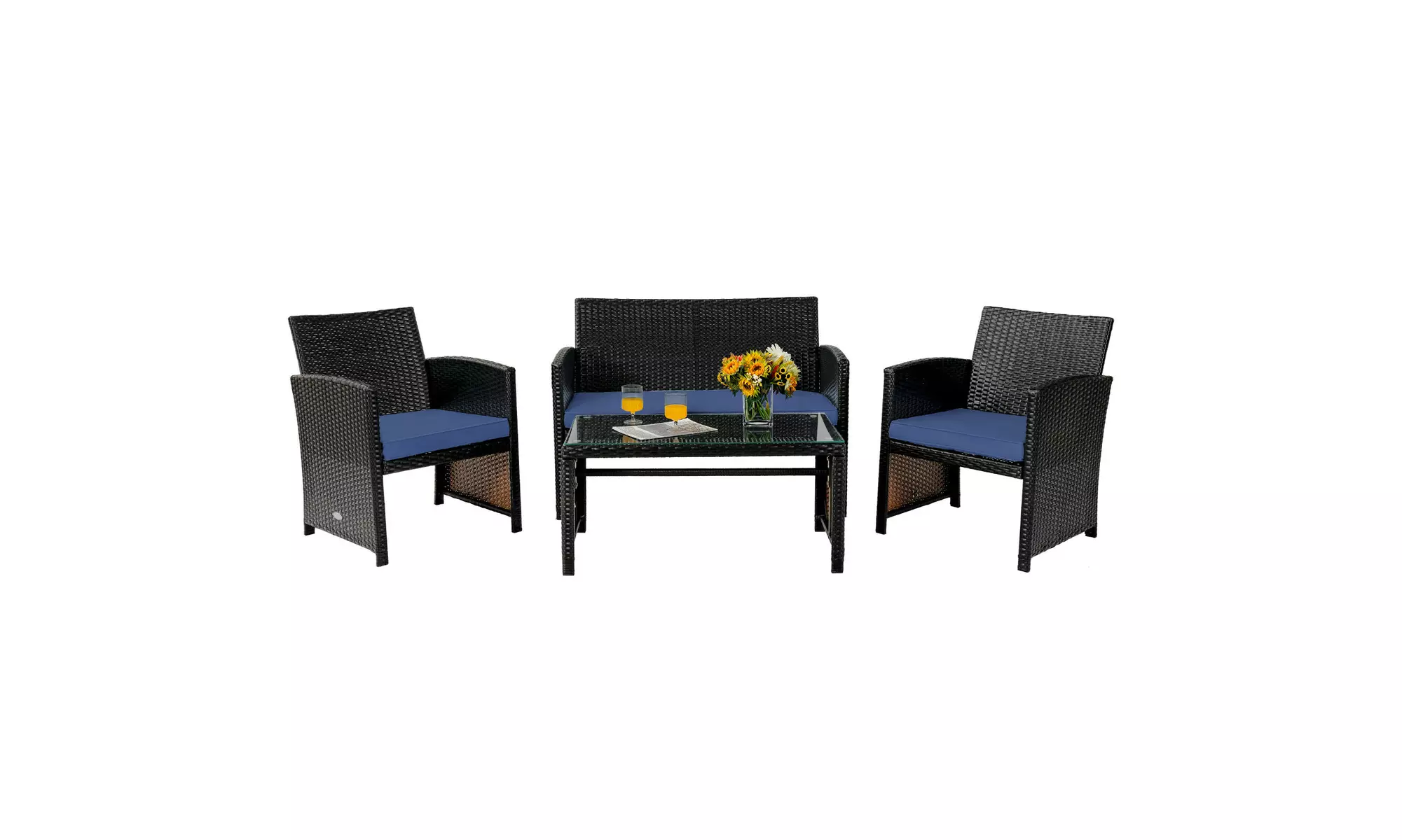 Costway 4PCS Patio Rattan Furniture Set Cushioned Chair Sofa Coffee Table Navy