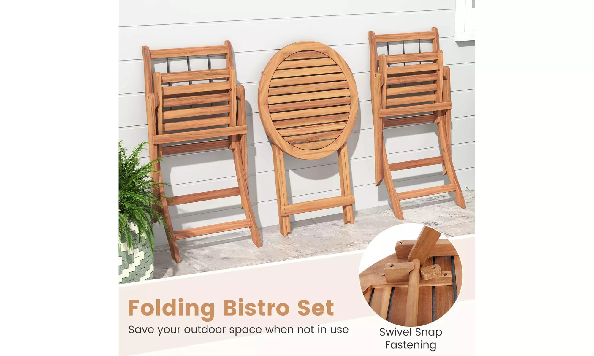 Costway 3 PCS Acacia Wood Patio Bistro Set Folding Outdoor Table and Chairs
