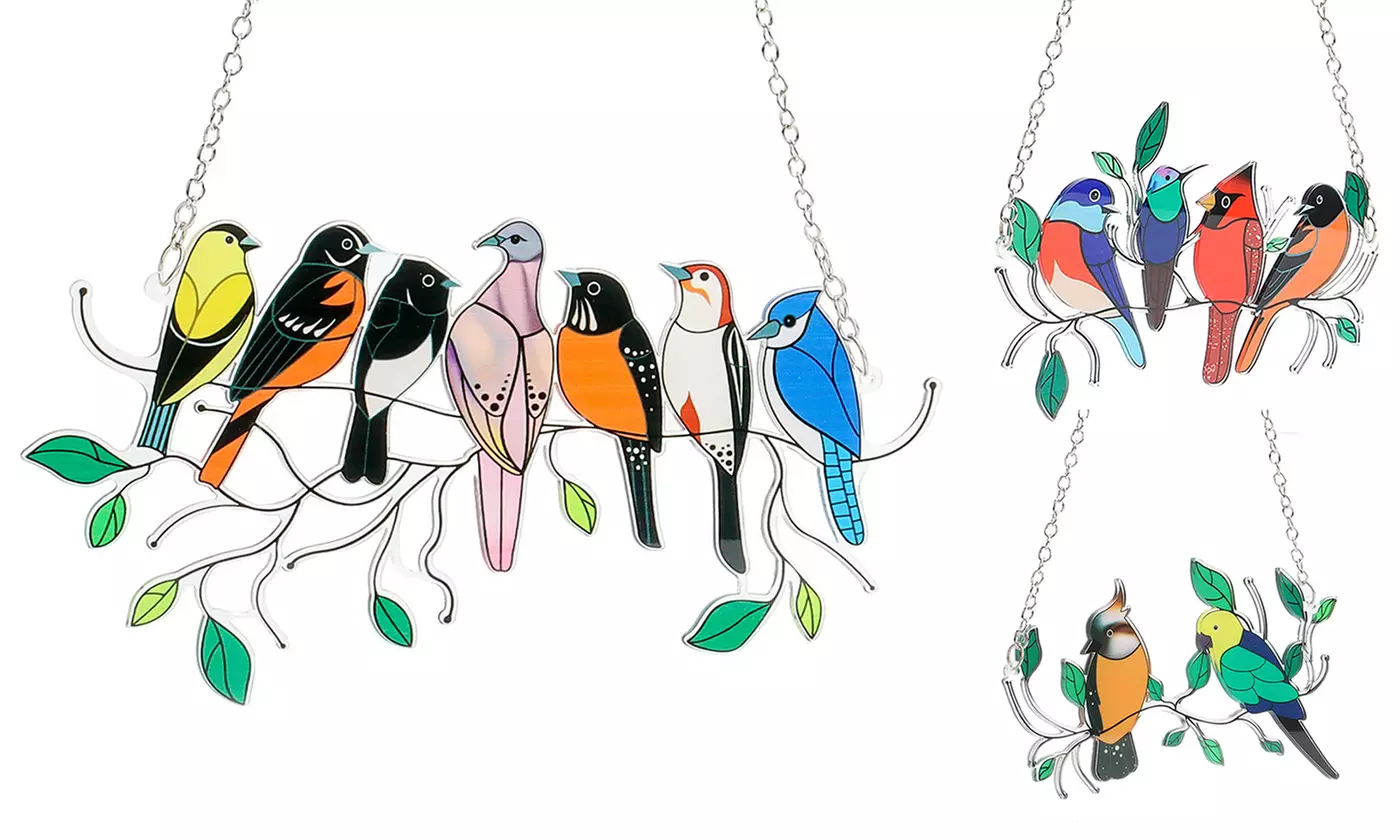 Multicolor Birds On A Wire High Stained Suncatcher Window Panel Home Decor