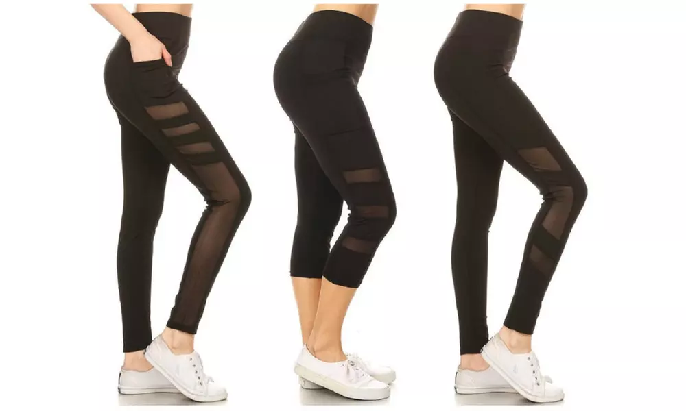 Women's High Waisted Mesh Insert Capri & Full Length Leggings(3-Pack) - Primary Image