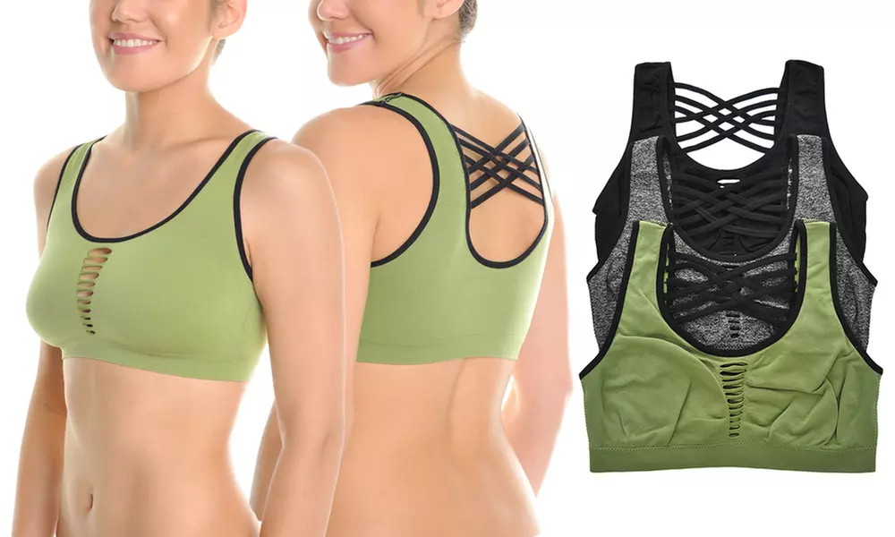 Strappy-Back Light-Impact Sports Bras with Ripped Center Front (3 Pack) - Primary Image