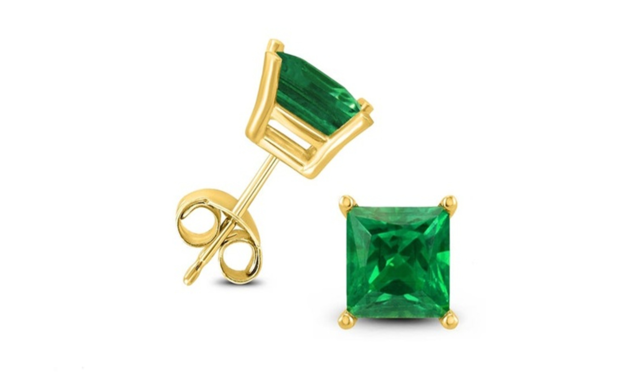24k yellow Gold Plated 1 Cttw Princess Emerald Stud Earrings