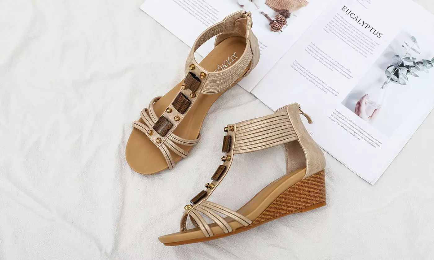 Women's Open Toe T-strap Low Wedge Sandals