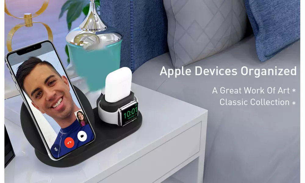  For Apple Watch/Phone 3 in 1 Qi Wireless Charging Station Stand QC 3.0 Adapter - Primary Image