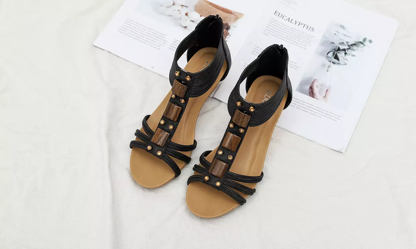 Women's Open Toe T-strap Low Wedge Sandals
