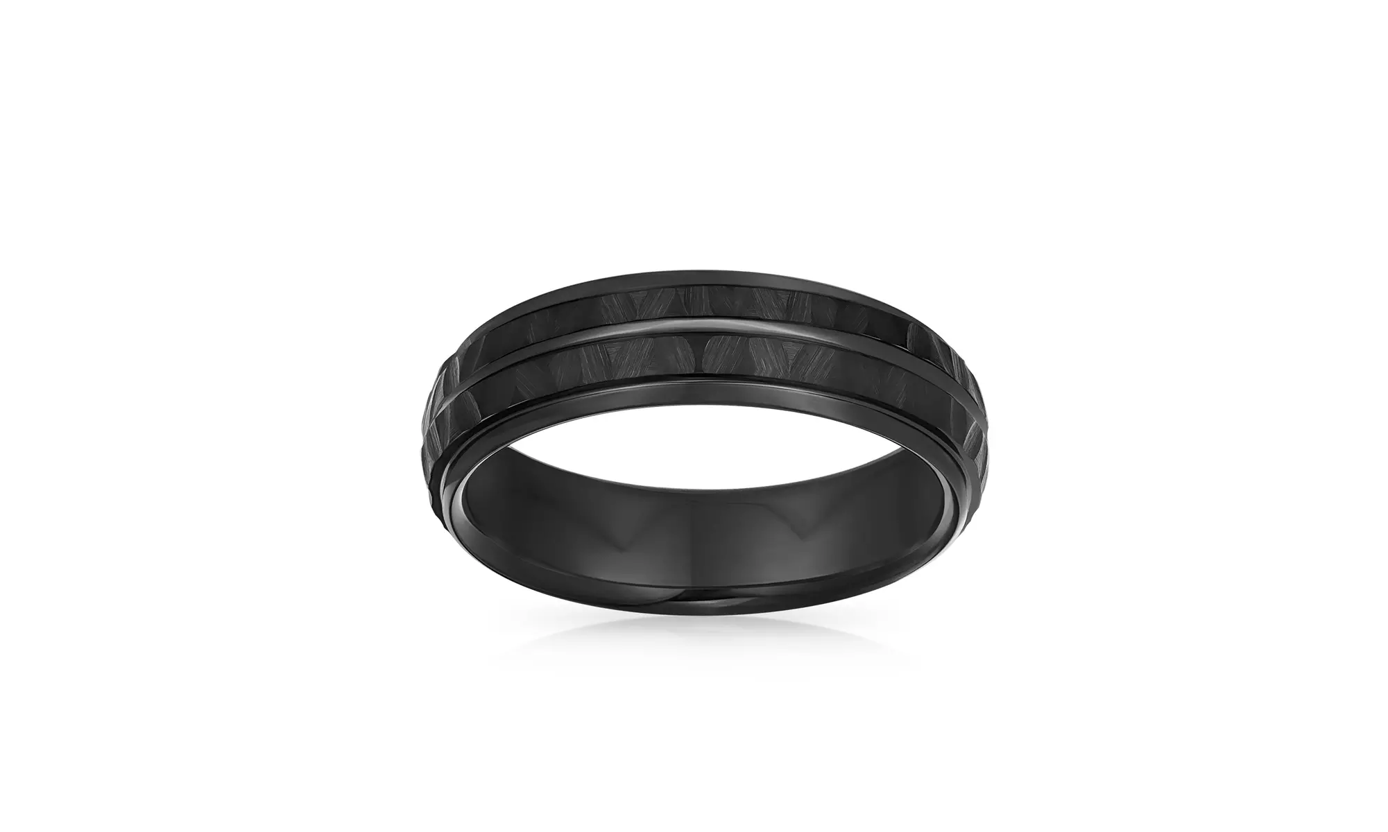 Grooved Solid Black Hammered Wedding Band Titanium Rings for Men 6MM - Primary Image