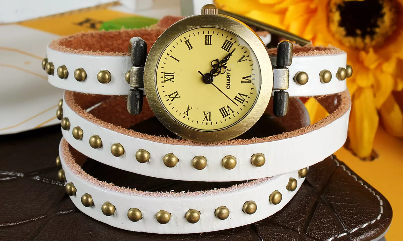 Retro Rivet Vegan Leather Wrap-Around Cuff Watch