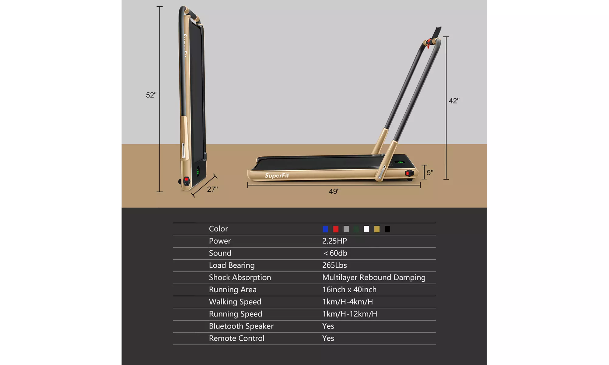 SuperFit 2.25HP 2 in 1 Foldable Under Desk Treadmill Remote Control