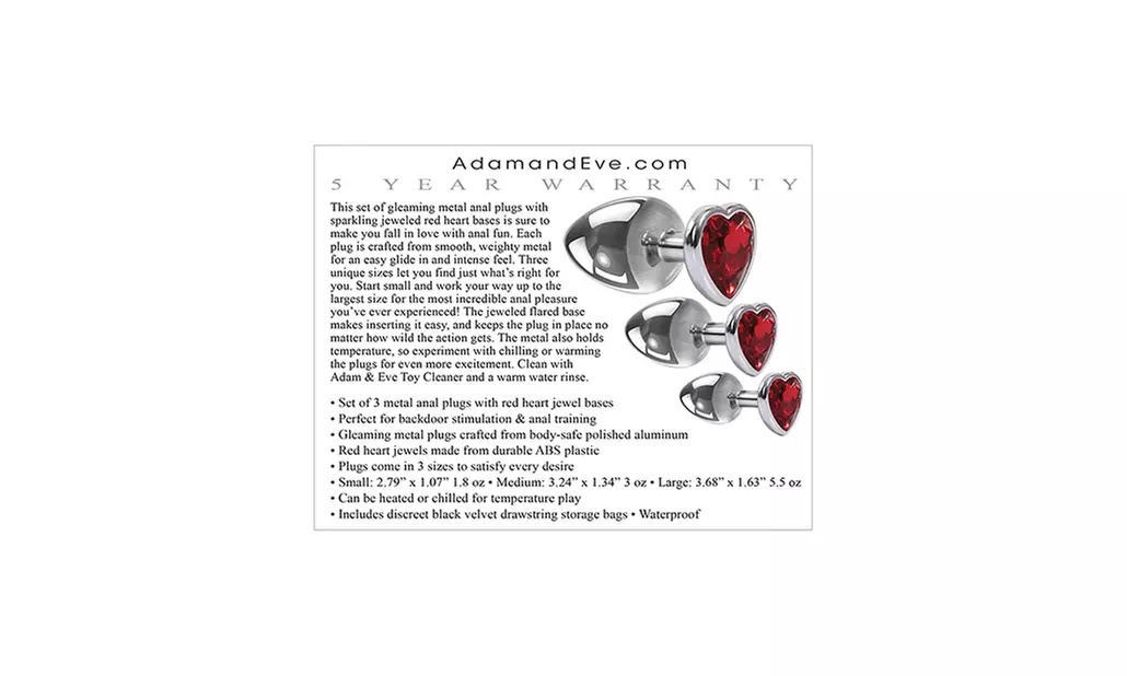 Adam & Eve Three Hearts Gem Anal Plug Set - Silver/Red - Second Medium