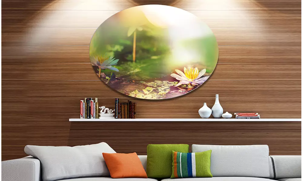 Lotus Flowers on Green Background' Large Flower Oversized Metal Circle Wall Art - Primary Image