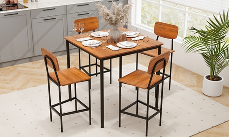 Costway 5-Piece Industrial Dining Table Set Counter Height Table & 4 Bar Stools Walnut