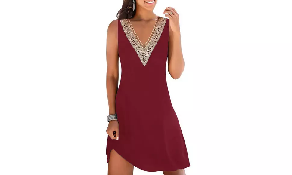 Women Lace Trim V Neck Sleeveless Dress with Pockets S-2X
