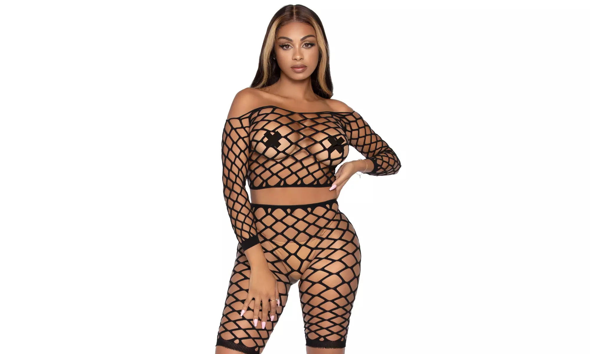 Leg Avenue Women's Lingerie Fishnet Crop Top and Bike Shorts  - Primary Image