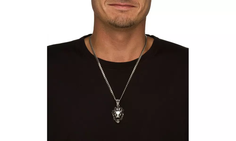 Lion's Head Pendant and Chain in Antiqued Stainless Steel 24" - Second Medium