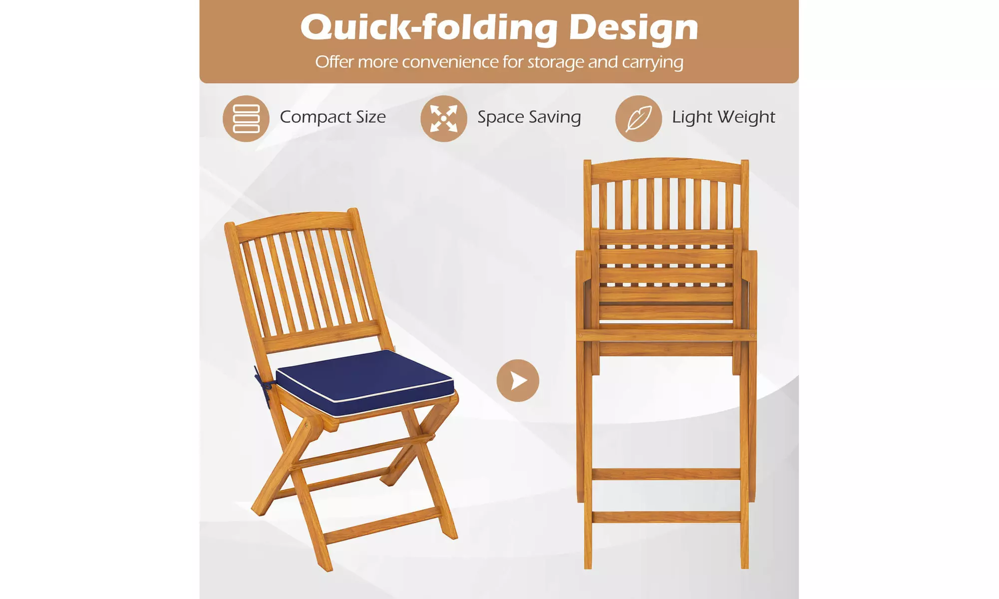 Costway Outdoor Folding Chairs Acacia Wood High-Back Chair with Seat Cushions