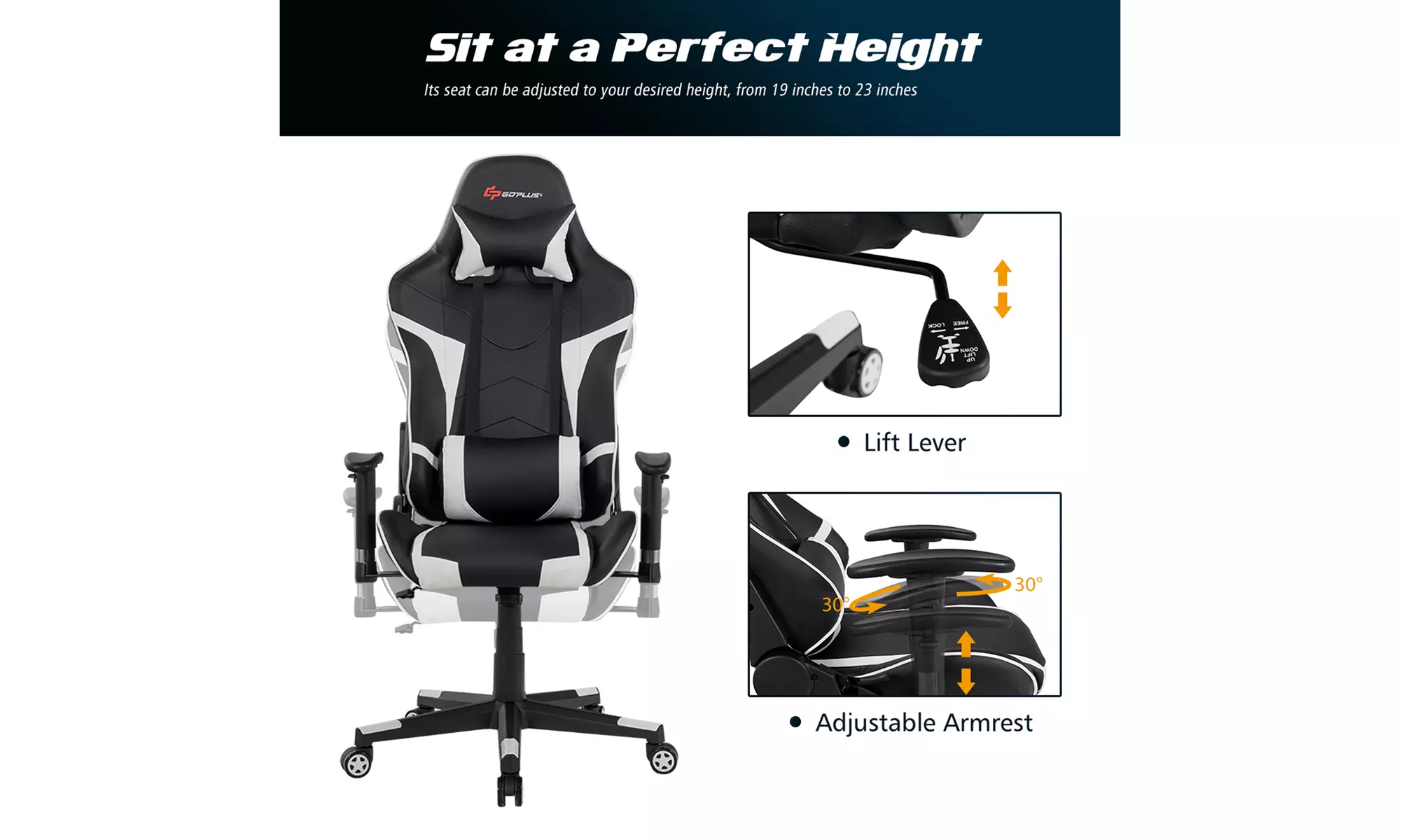 Reclining Massage Gaming Chair with Lumbar Support and Headrest