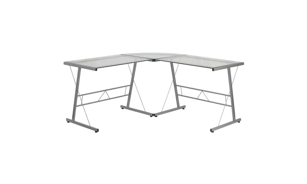 Glass L-Shape Computer Desk with Silver Frame Finish - Primary Image