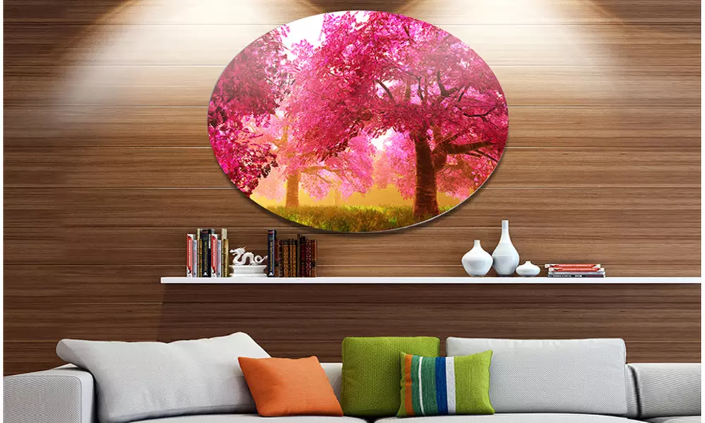 Mysterious Red Cherry Blossoms' Disc Large Landscape Metal Circle Wall Art - Primary Image