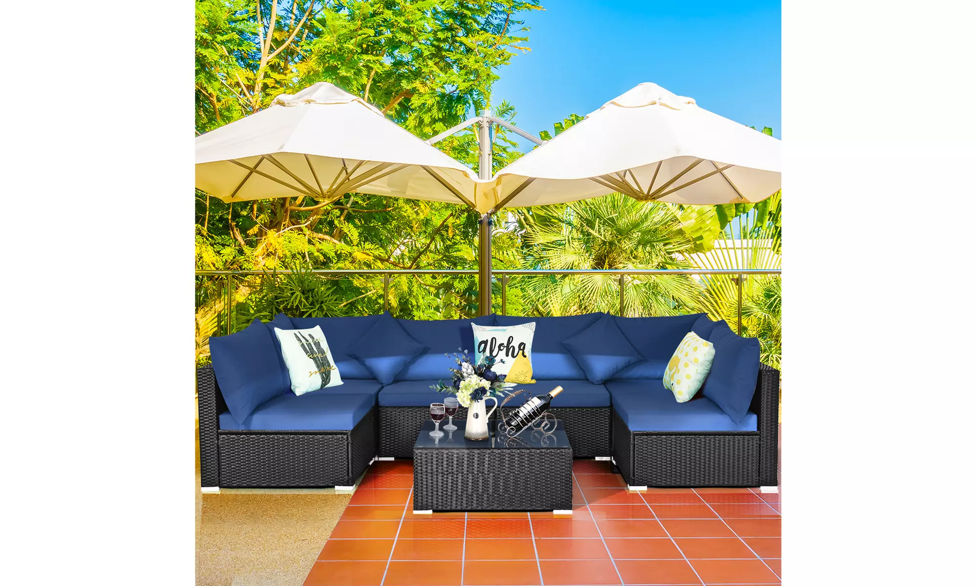 Costway 7PCS Patio Rattan Sofa Set Sectional Conversation Furniture Set Garden