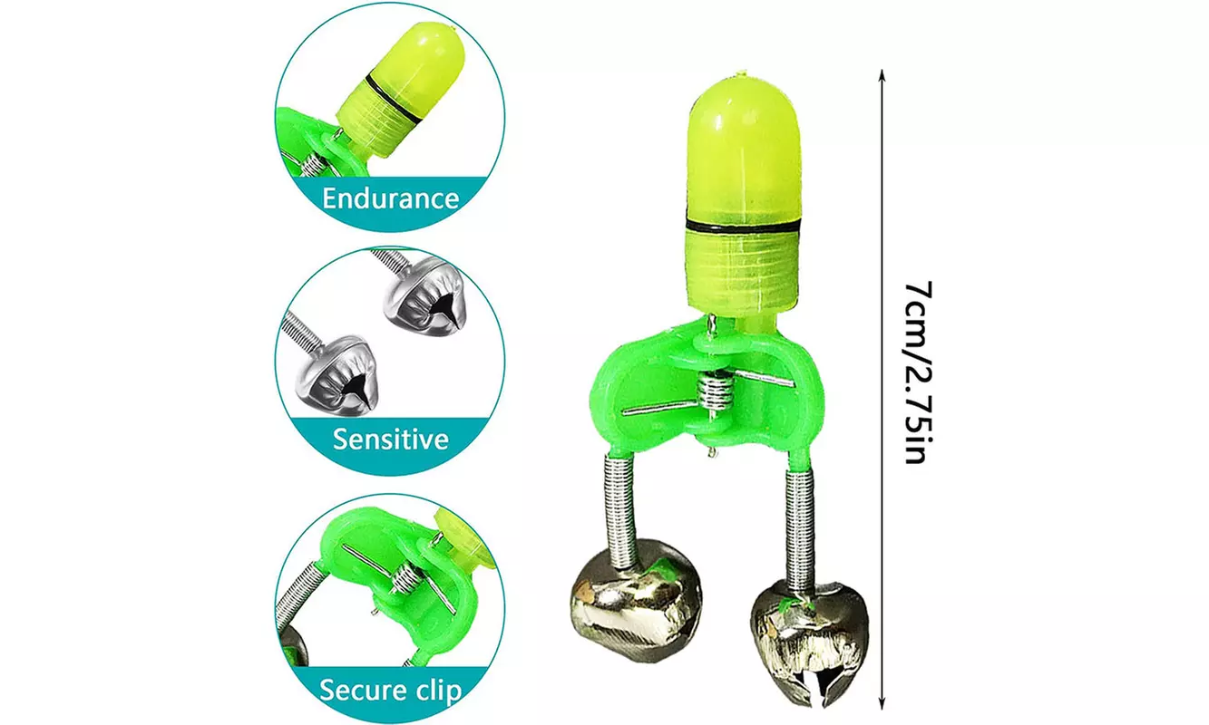 20 PCS LED Night Fishing Bite Bait Alarm 2 Bells Light Rod Tip Clip Alert Ring