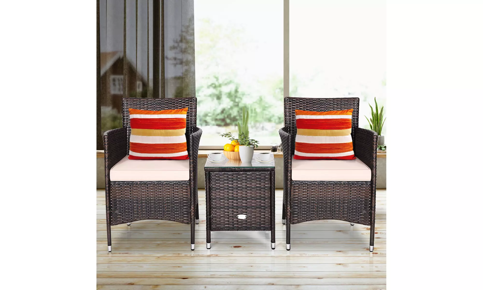Costway Outdoor 3 PCS PE Rattan Wicker Furniture Sets Chairs Coffee Table Garden