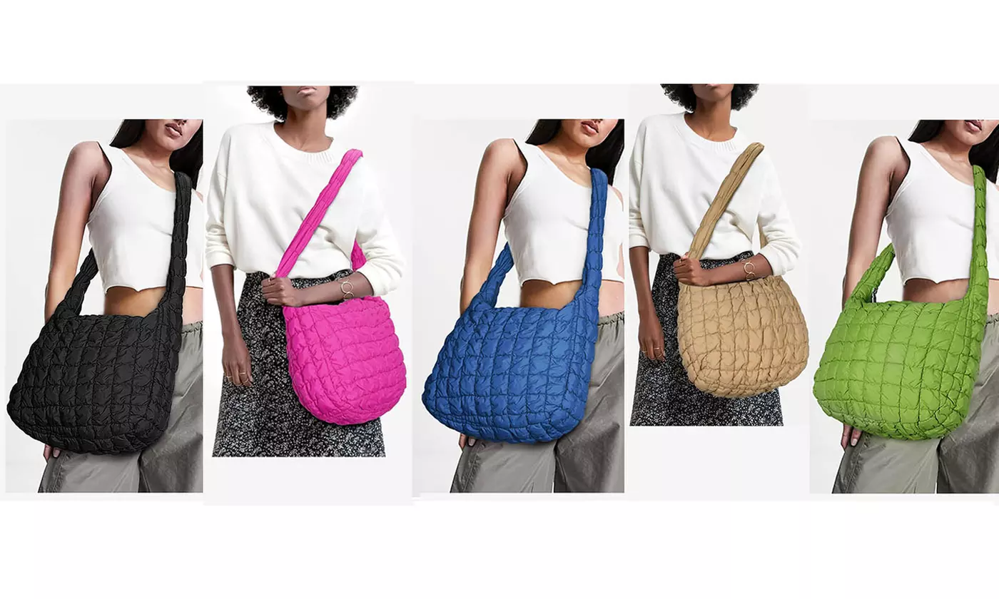 Women's Lightweight Puffy Quilted Tote Bag For Shoulder or Cross Body Wear