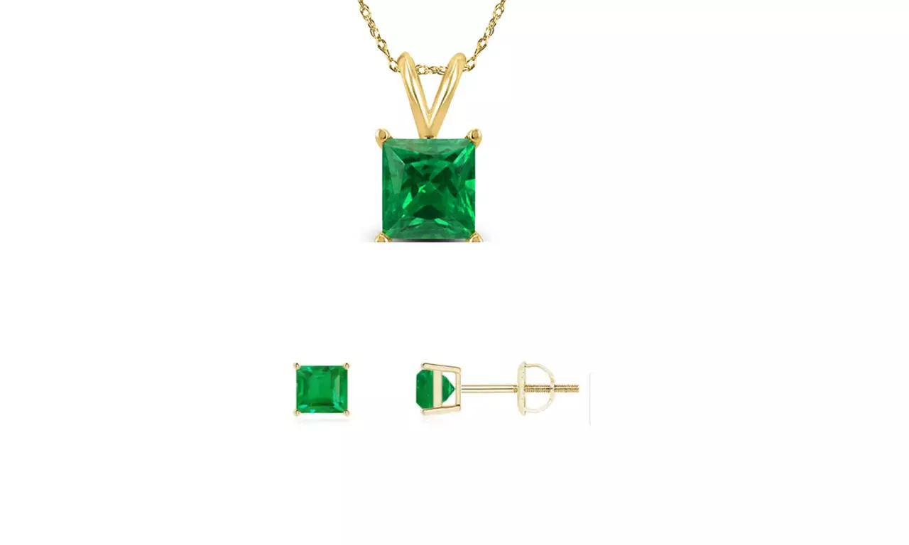 18K Yellow Gold Emerald Square 18 Inch Necklace and Earrings Set Plated