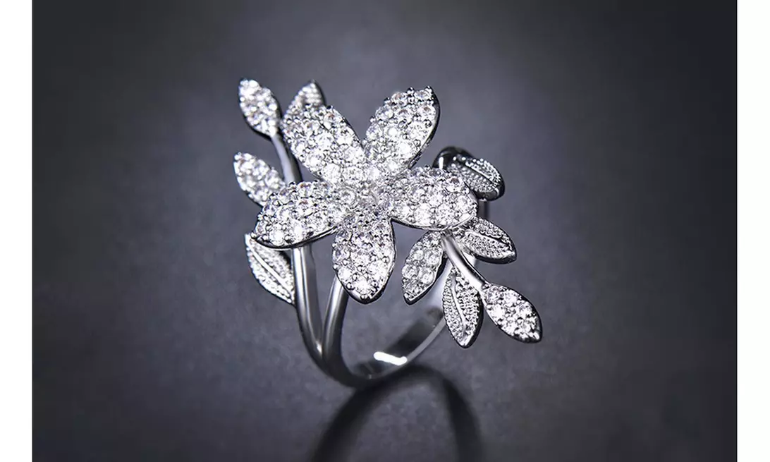 18K White Gold Crystal Floral Ring Made With Crystals From Swarovski