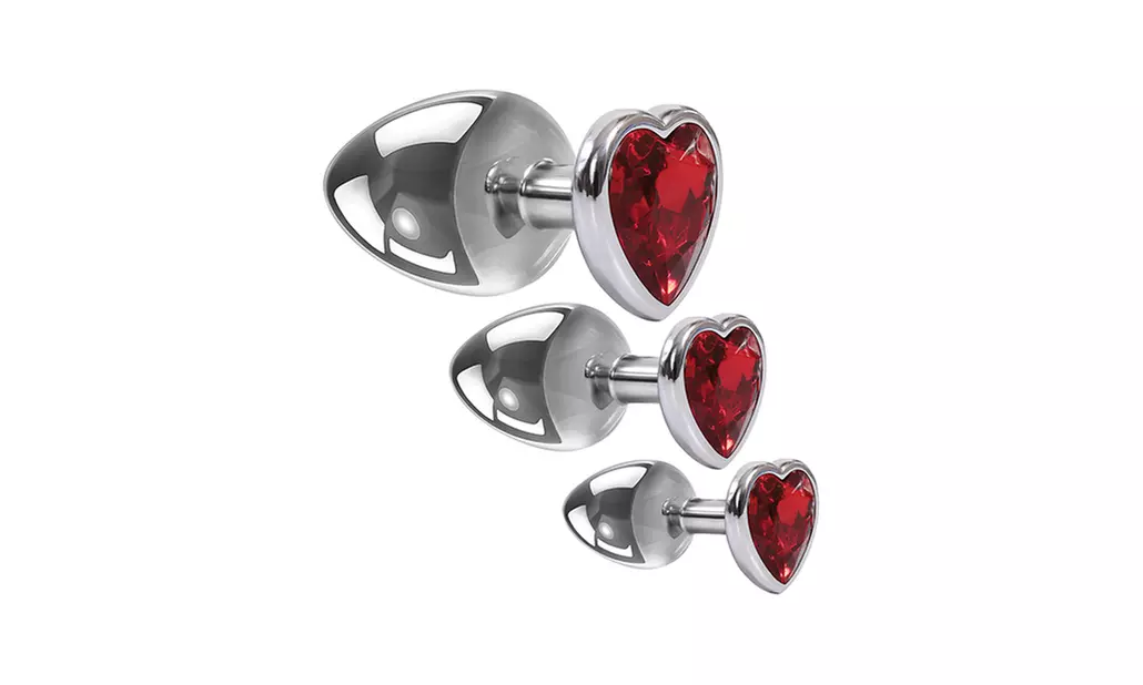 Adam & Eve Three Hearts Gem Anal Plug Set - Silver/Red - Primary Image