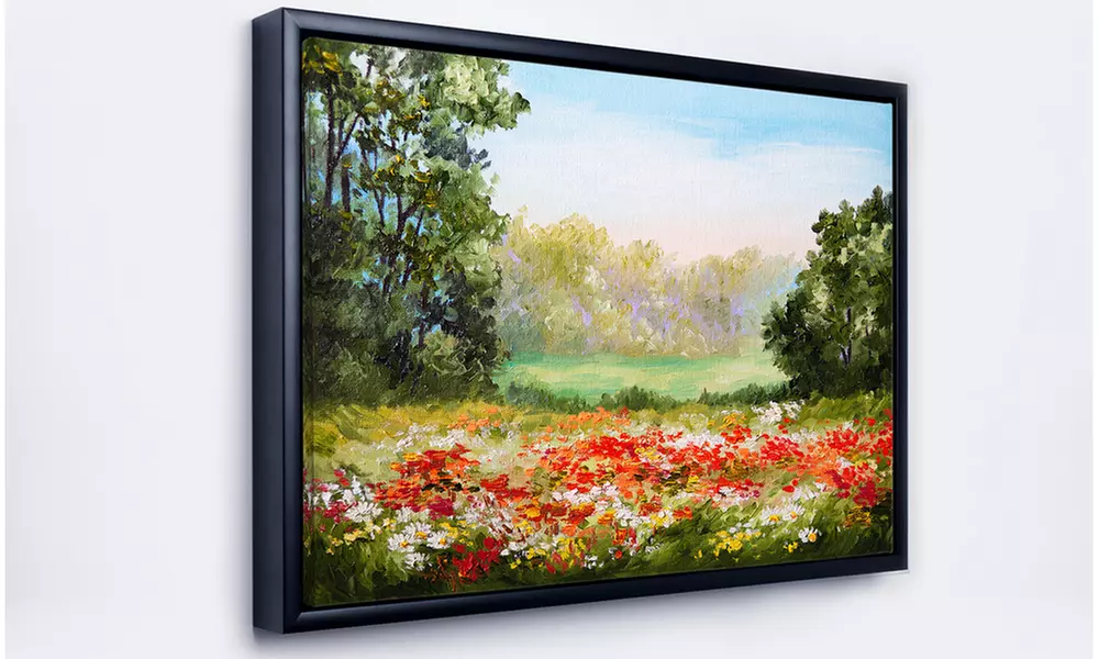 Poppy Field with Sky - Landscape Art Print Framed Canvas - Second Medium