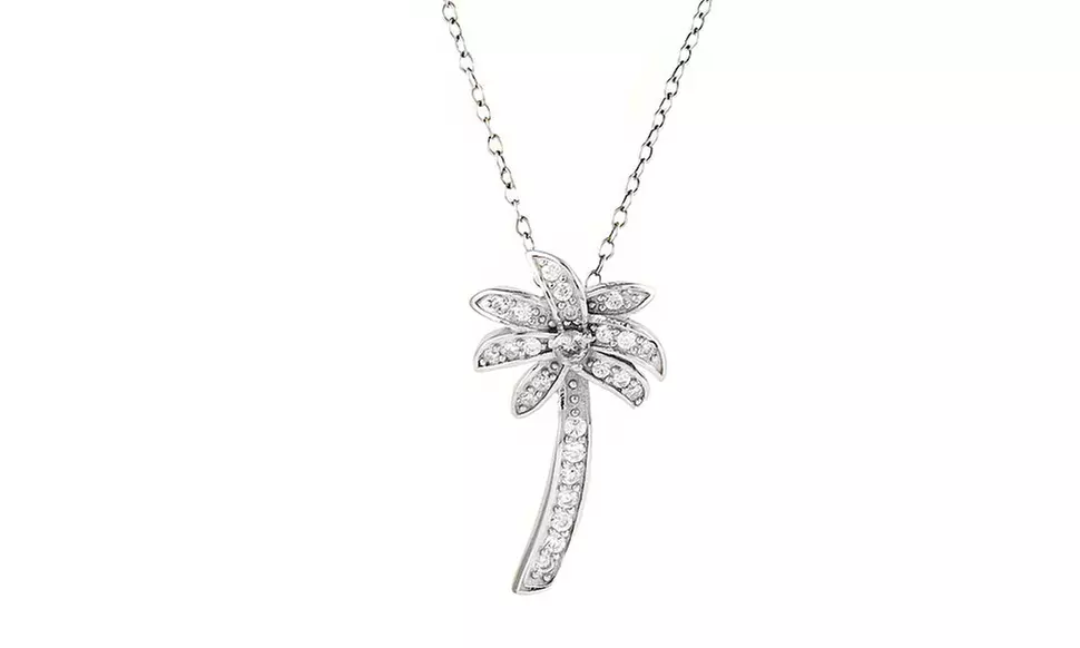 Sterling Silver Cubic Zirconia Summer Palm Tree Necklace