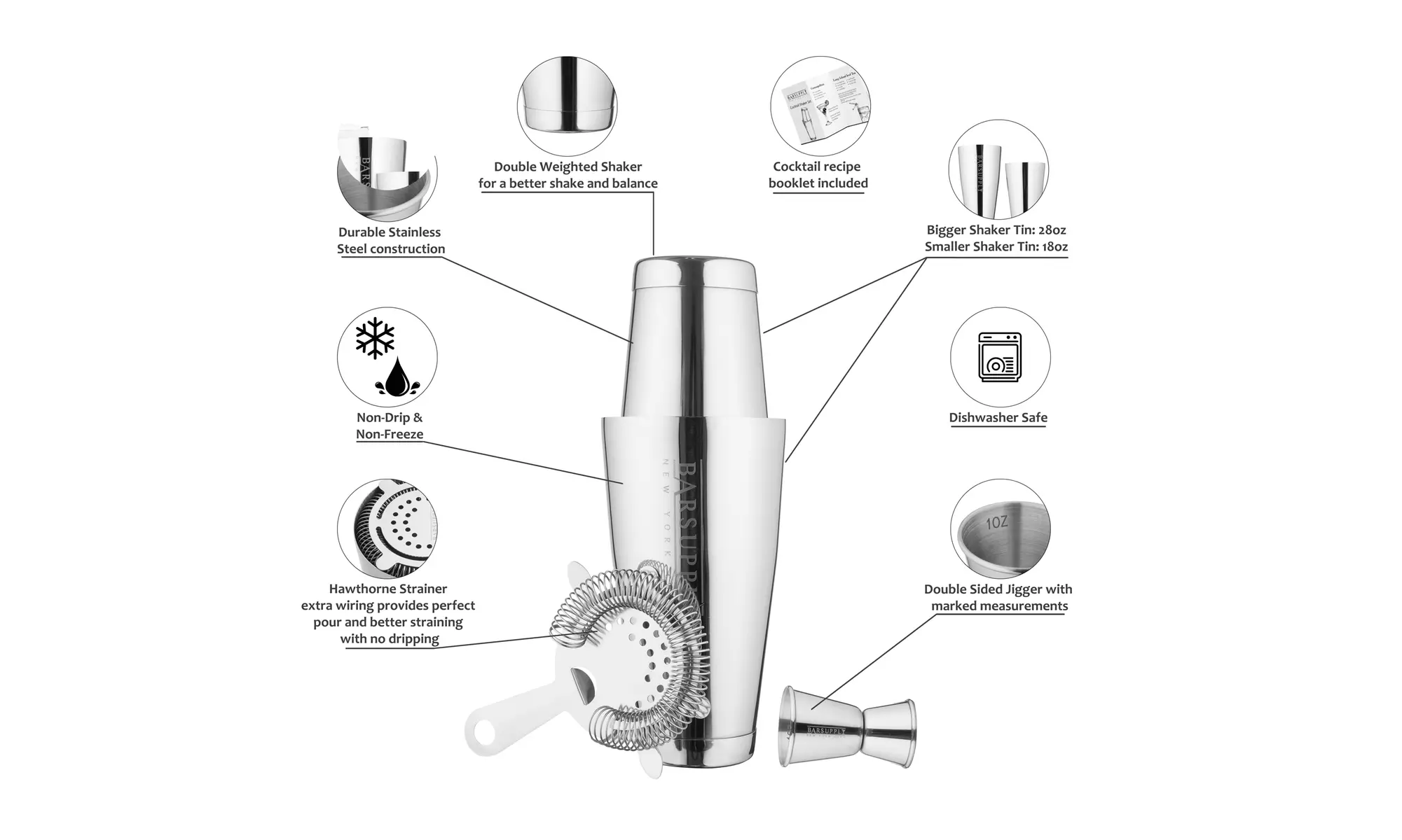 Professional 4-Piece Boston Cocktail Shaker Set