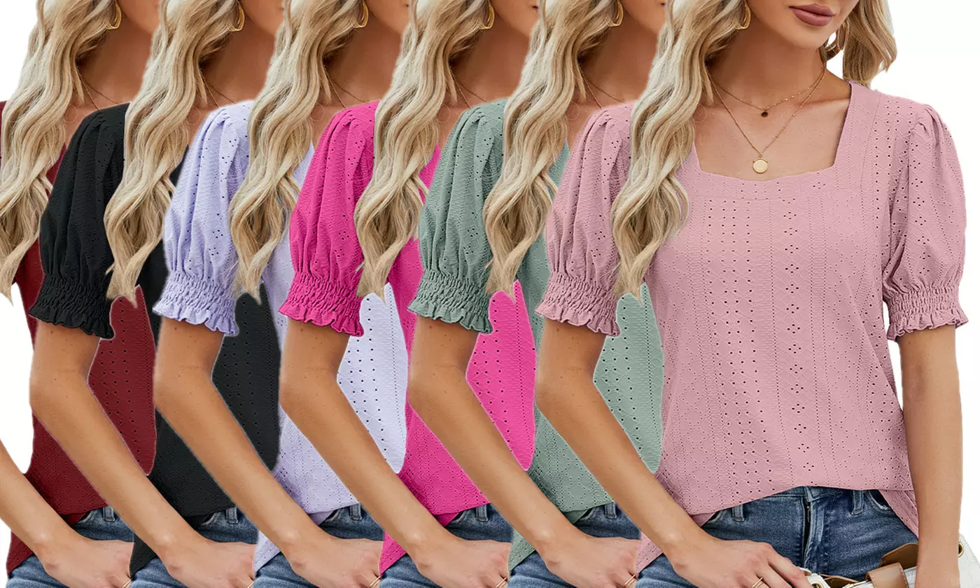 Womens Square Neck Eyelet Puff Sleeve Tunic Top - Primary Image